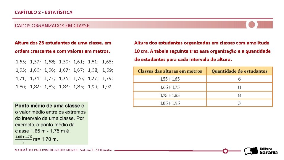 CAPÍTULO 2 - ESTATÍSTICA DADOS ORGANIZADOS EM CLASSE Altura dos 28 estudantes de uma