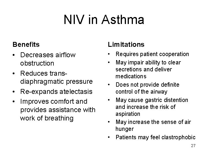 NIV in Asthma Benefits Limitations • Decreases airflow obstruction • Reduces transdiaphragmatic pressure •