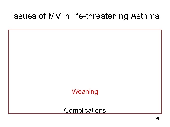 Issues of MV in life-threatening Asthma Weaning Complications 58 