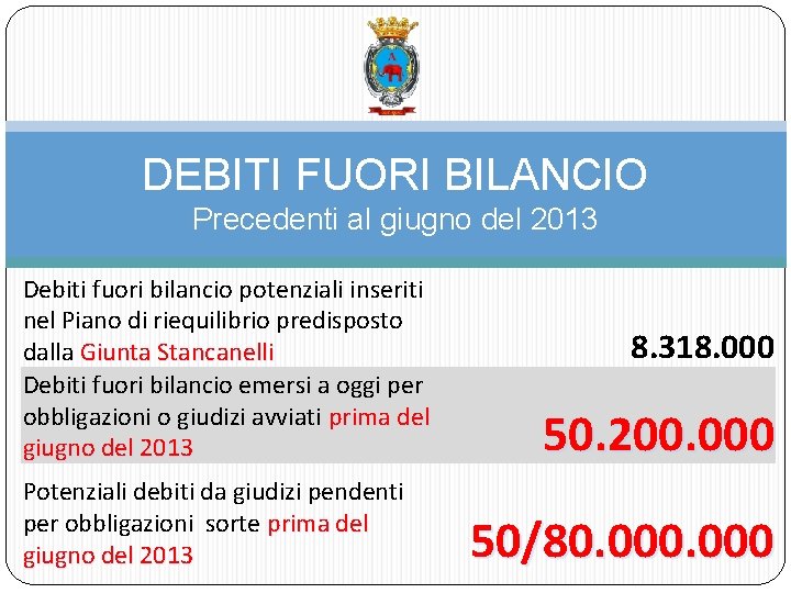 DEBITI FUORI BILANCIO Precedenti al giugno del 2013 Debiti fuori bilancio potenziali inseriti nel