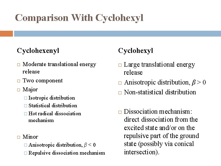 Comparison With Cyclohexyl Cyclohexenyl Moderate translational energy release Two component Major � Isotropic distribution
