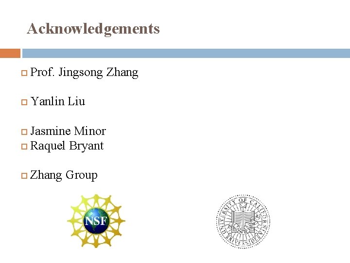 Acknowledgements Prof. Jingsong Zhang Yanlin Liu Jasmine Minor Raquel Bryant Zhang Group 