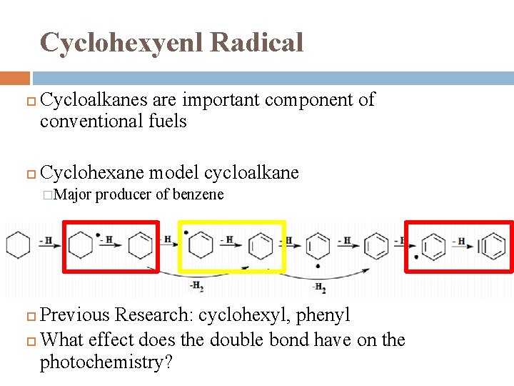 Cyclohexyenl Radical Cycloalkanes are important component of conventional fuels Cyclohexane model cycloalkane �Major producer