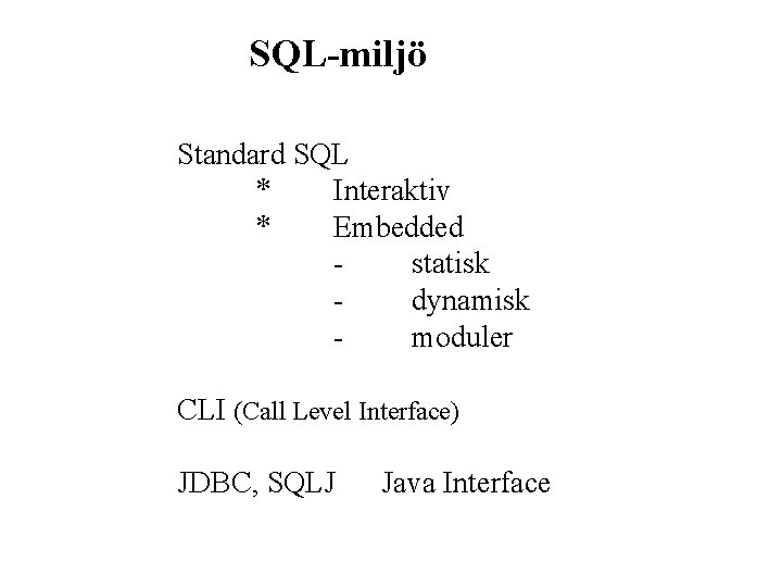 SQL-miljö Standard SQL * Interaktiv * Embedded statisk dynamisk moduler CLI (Call Level Interface)