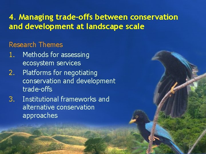 4. Managing trade-offs between conservation and development at landscape scale Research Themes 1. Methods