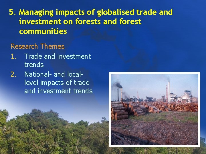 5. Managing impacts of globalised trade and investment on forests and forest communities Research