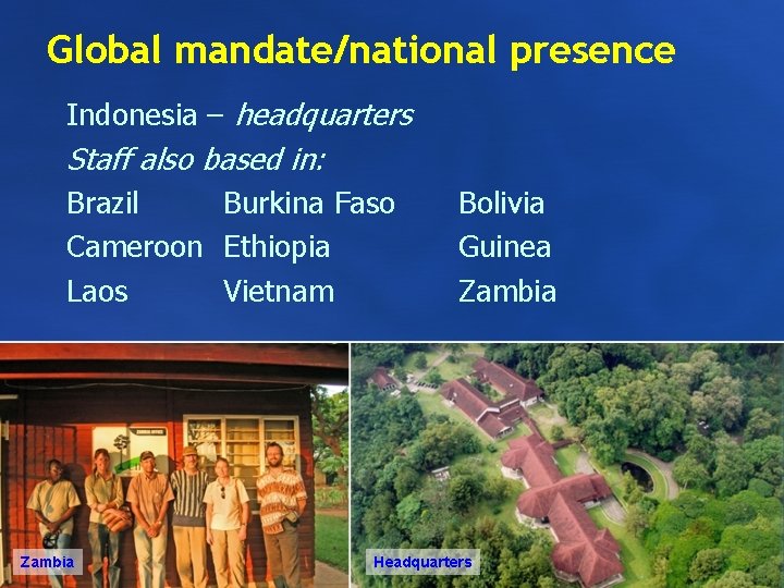 Global mandate/national presence Indonesia – headquarters Staff also based in: Brazil Burkina Faso Cameroon