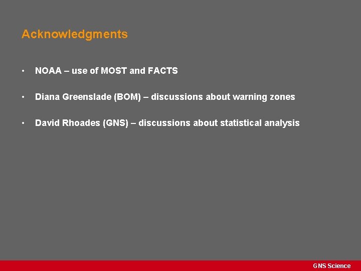 Acknowledgments • NOAA – use of MOST and FACTS • Diana Greenslade (BOM) –