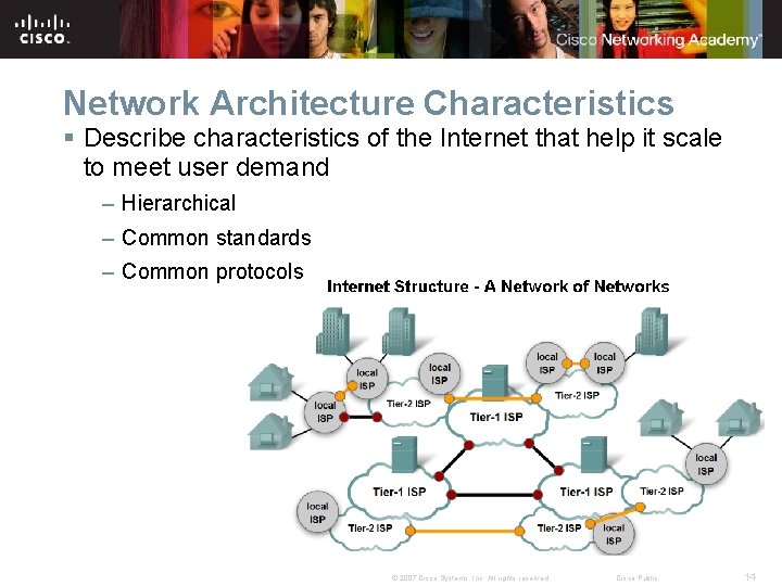 Network Architecture Characteristics § Describe characteristics of the Internet that help it scale to