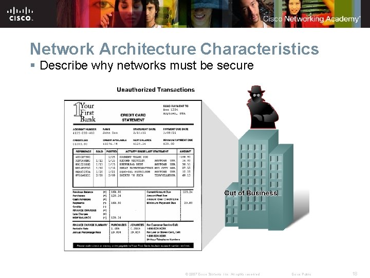 Network Architecture Characteristics § Describe why networks must be secure © 2007 Cisco Systems,