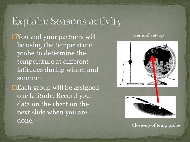 Explain: Seasons activity �You and your partners will be using the temperature probe to
