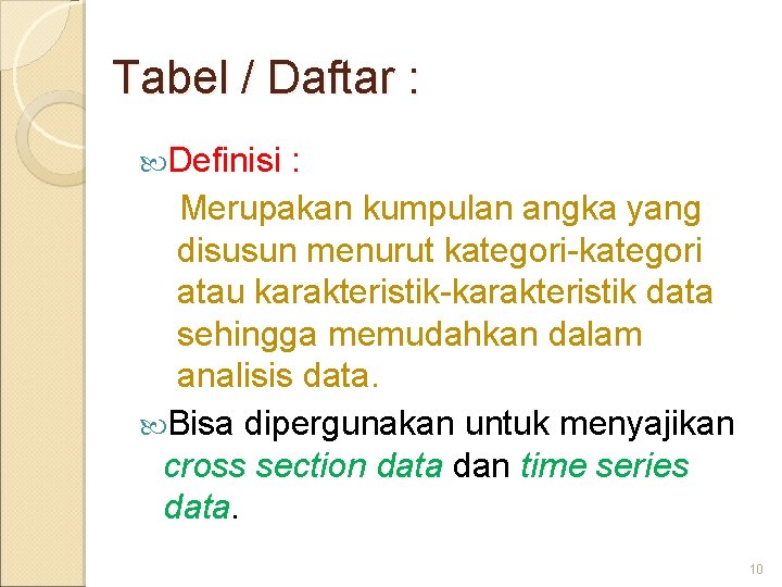 Tabel / Daftar : Definisi : Merupakan kumpulan angka yang disusun menurut kategori-kategori atau