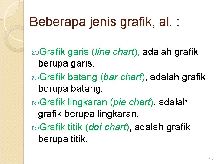 Beberapa jenis grafik, al. : Grafik garis (line chart), adalah grafik berupa garis. Grafik