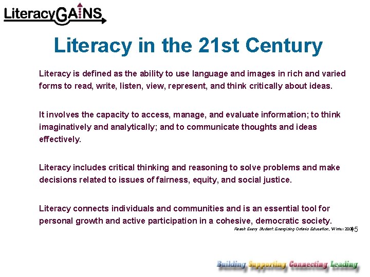 Literacy in the 21 st Century Literacy is defined as the ability to use