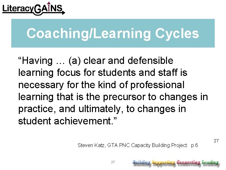 Coaching/Learning Cycles “Having … (a) clear and defensible learning focus for students and staff