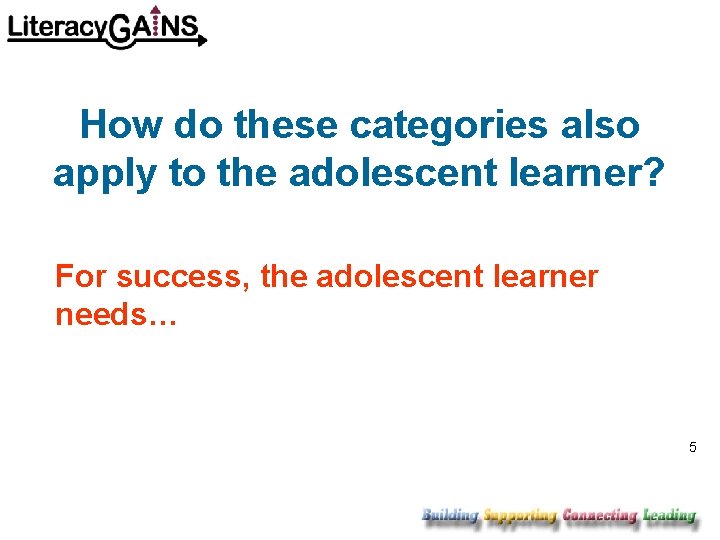 How do these categories also apply to the adolescent learner? For success, the adolescent