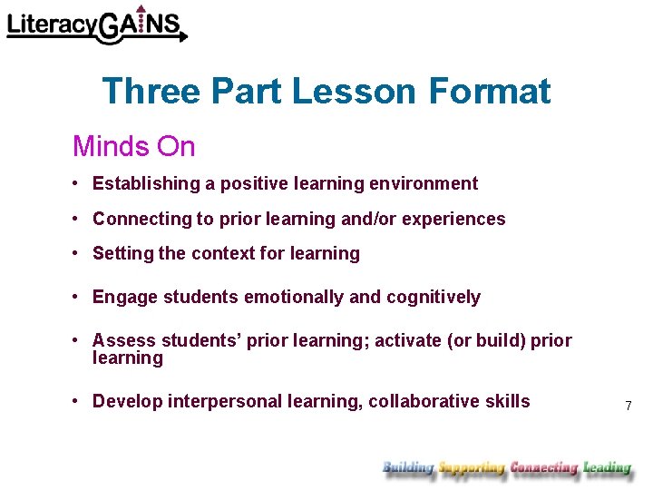 Three Part Lesson Format Minds On • Establishing a positive learning environment • Connecting