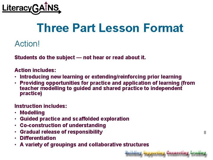 Three Part Lesson Format Action! Students do the subject — not hear or read