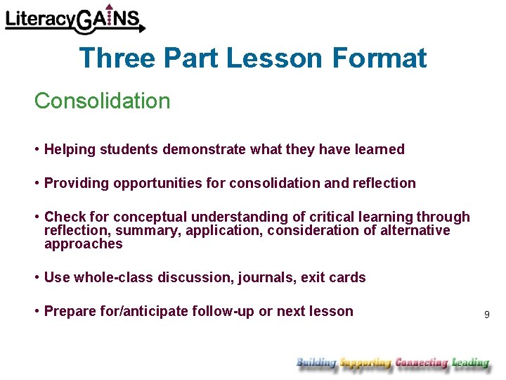 Three Part Lesson Format Consolidation • Helping students demonstrate what they have learned •