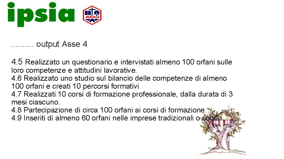 . . output Asse 4 4. 5 Realizzato un questionario e intervistati almeno 100