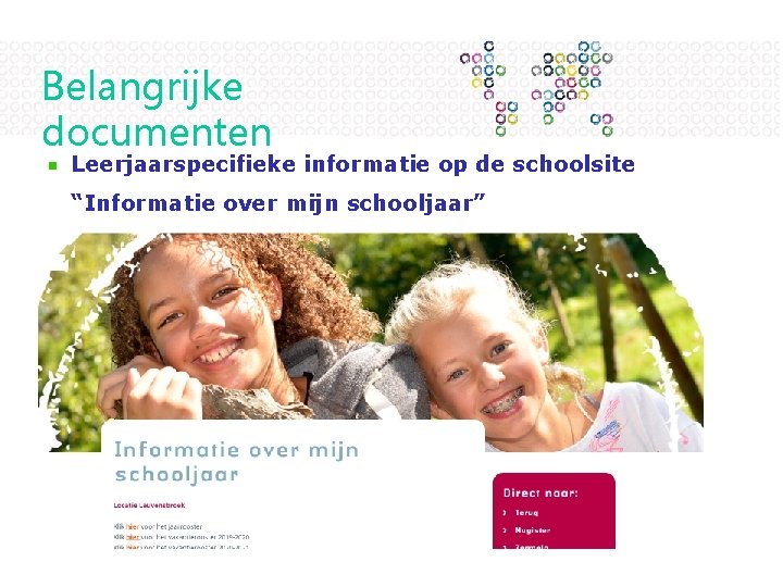 Belangrijke documenten Leerjaarspecifieke informatie op de schoolsite “Informatie over mijn schooljaar” 