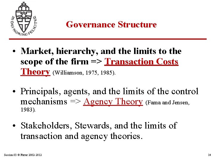 Governance Structure • Market, hierarchy, and the limits to the scope of the firm