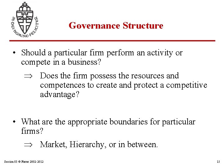 Governance Structure • Should a particular firm perform an activity or compete in a