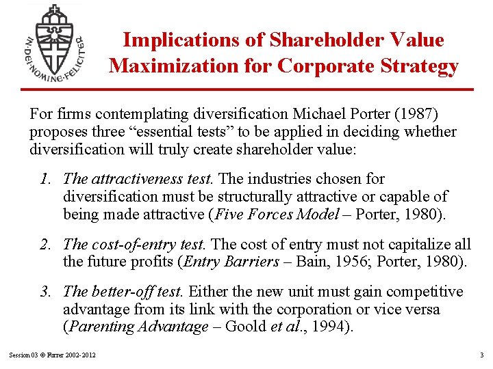 Implications of Shareholder Value Maximization for Corporate Strategy For firms contemplating diversification Michael Porter