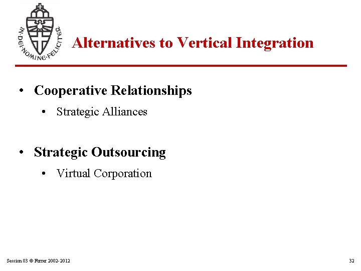 Alternatives to Vertical Integration • Cooperative Relationships • Strategic Alliances • Strategic Outsourcing •