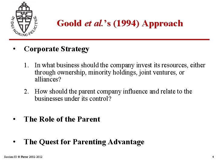 Goold et al. ’s (1994) Approach • Corporate Strategy 1. In what business should