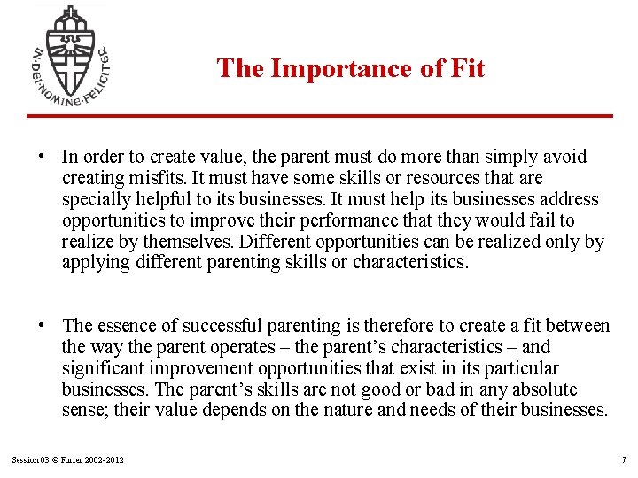 The Importance of Fit • In order to create value, the parent must do