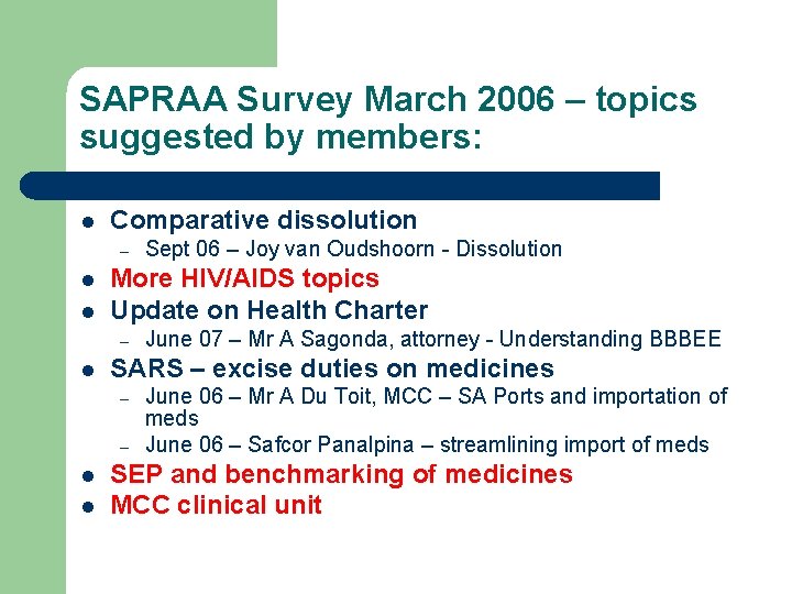 SAPRAA Survey March 2006 – topics suggested by members: l Comparative dissolution – l