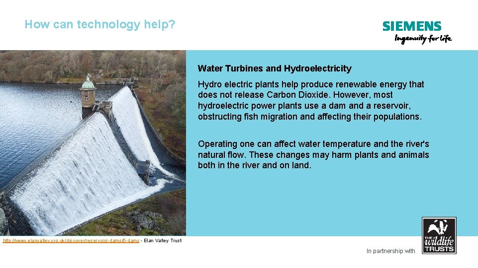 How can technology help? Water Turbines and Hydroelectricity Hydro electric plants help produce renewable