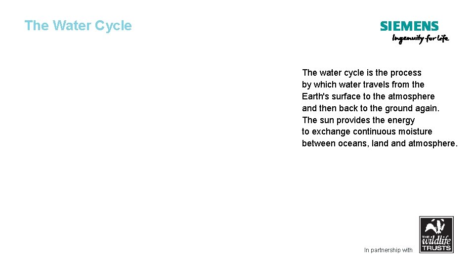The Water Cycle The water cycle is the process by which water travels from
