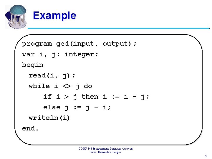 Example program gcd(input, output); var i, j: integer; begin read(i, j); while i <>