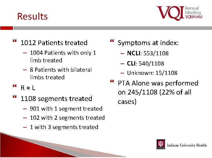 Results 1012 Patients treated – 1004 Patients with only 1 limb treated – 8