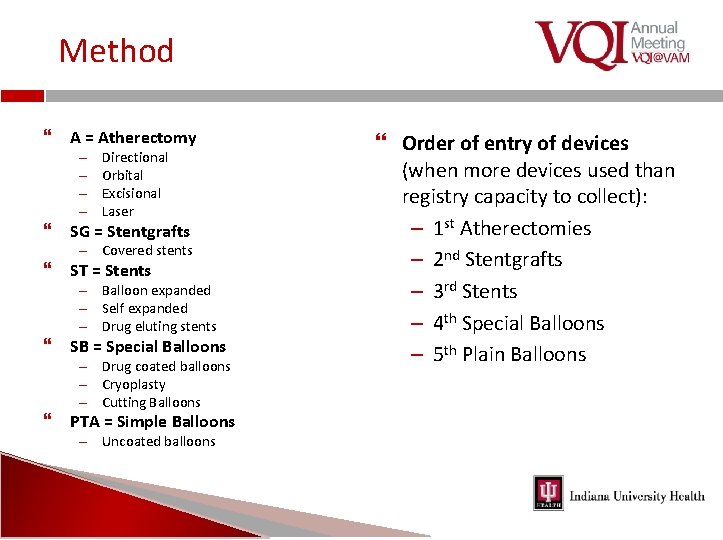 Method A = Atherectomy – – Directional Orbital Excisional Laser SG = Stentgrafts –
