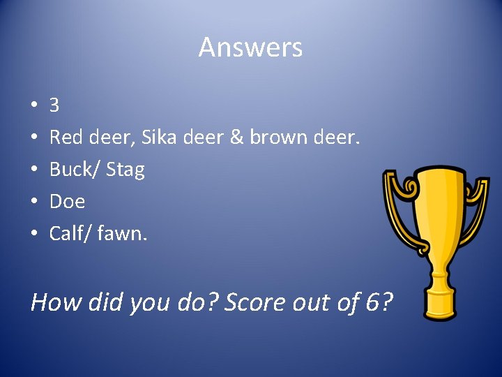 Answers • • • 3 Red deer, Sika deer & brown deer. Buck/ Stag