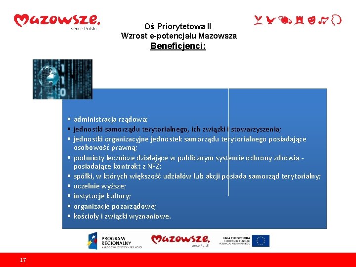 Oś Priorytetowa II Wzrost e-potencjału Mazowsza Beneficjenci: • administracja rządowa; • jednostki samorządu terytorialnego,