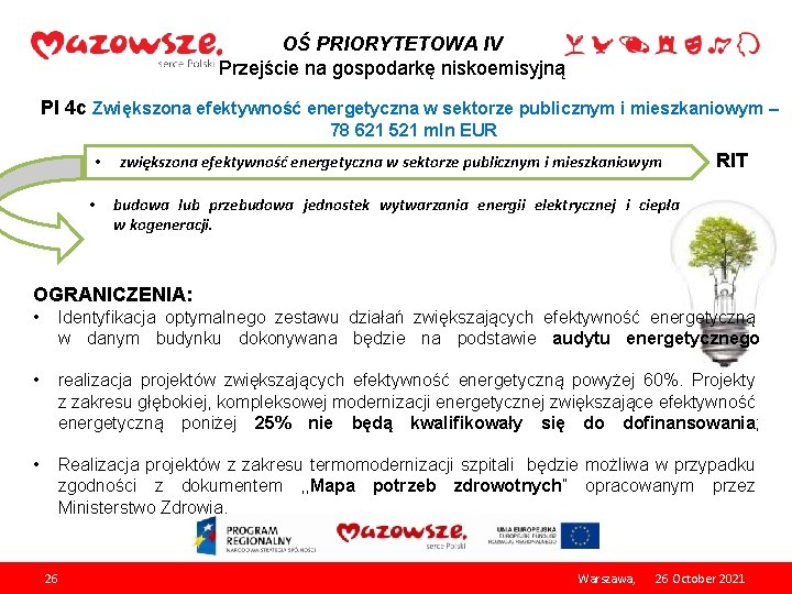 OŚ PRIORYTETOWA IV Przejście na gospodarkę niskoemisyjną PI 4 c Zwiększona efektywność energetyczna w