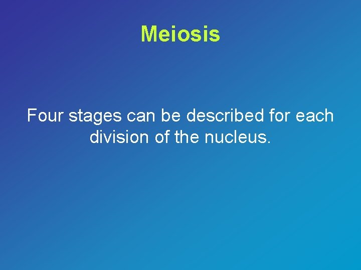 Meiosis Four stages can be described for each division of the nucleus. 