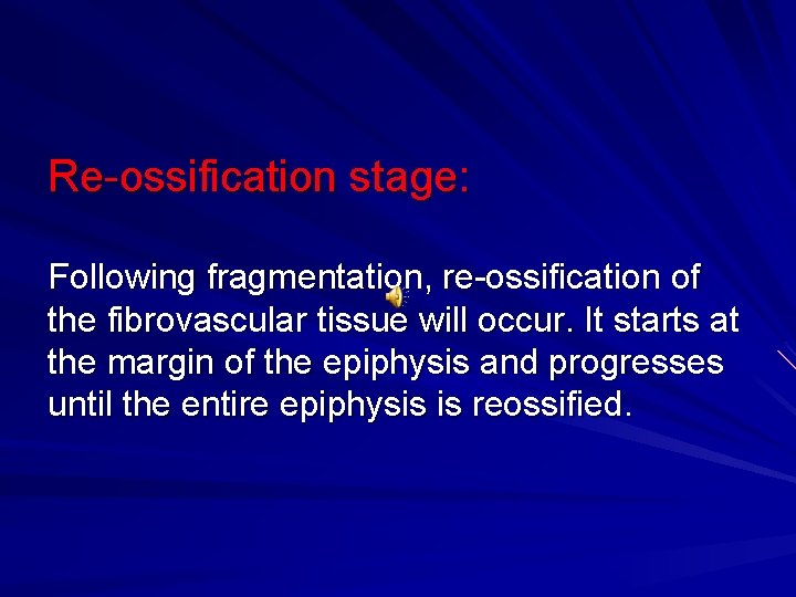 Re-ossification stage: Following fragmentation, re-ossification of the fibrovascular tissue will occur. It starts at