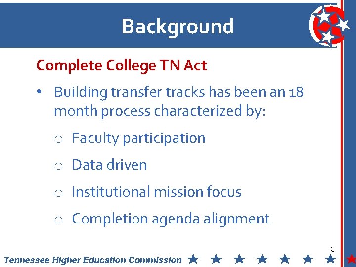 Background Complete College TN Act • Building transfer tracks has been an 18 month