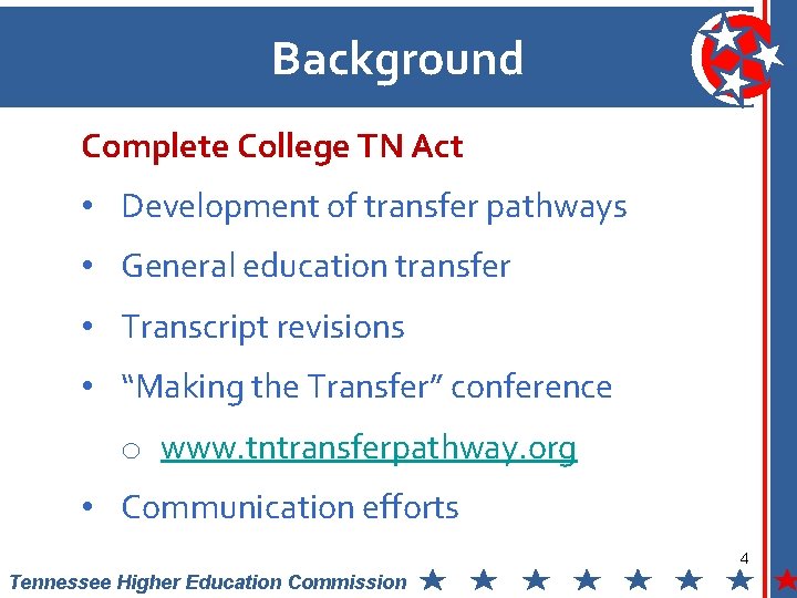 Background Complete College TN Act • Development of transfer pathways • General education transfer