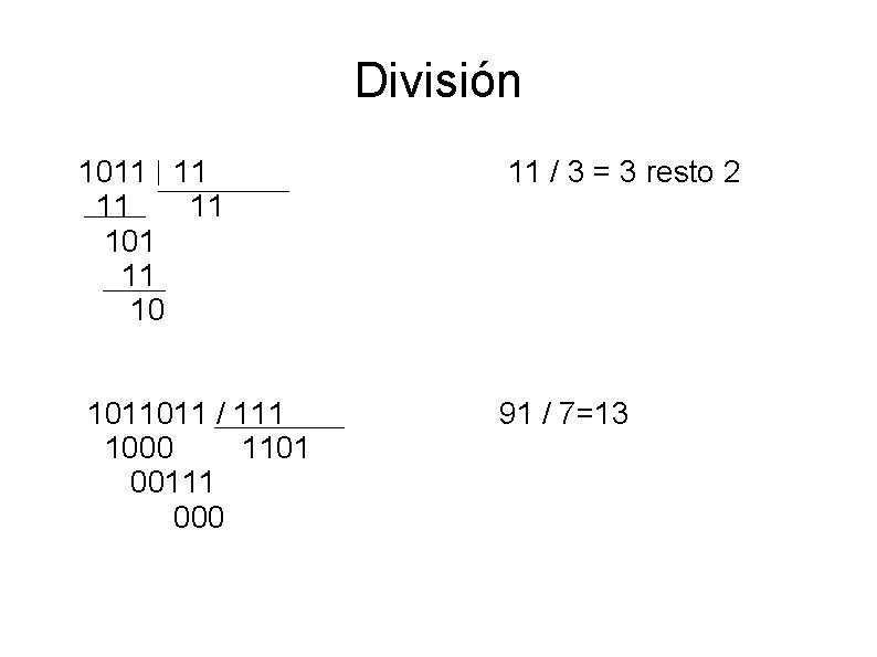 División 1011 11 101 11 10 11 / 3 = 3 resto 2 1011011