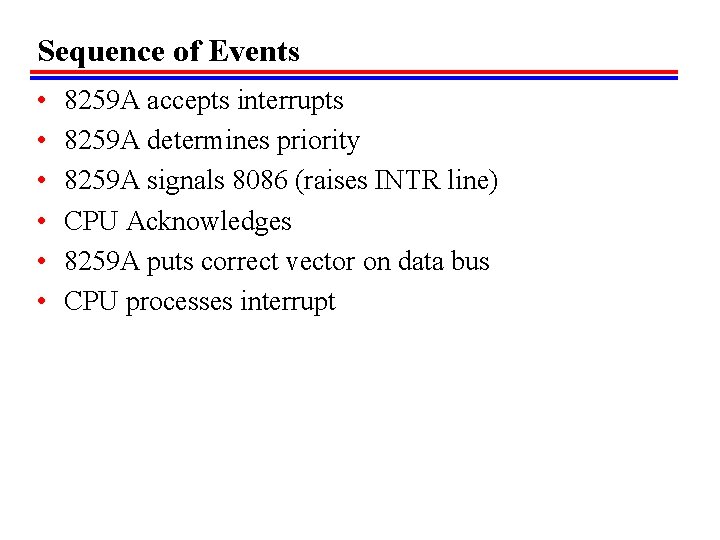 Sequence of Events • • • 8259 A accepts interrupts 8259 A determines priority Sequence of Events • • • 8259 A accepts interrupts 8259 A determines priority