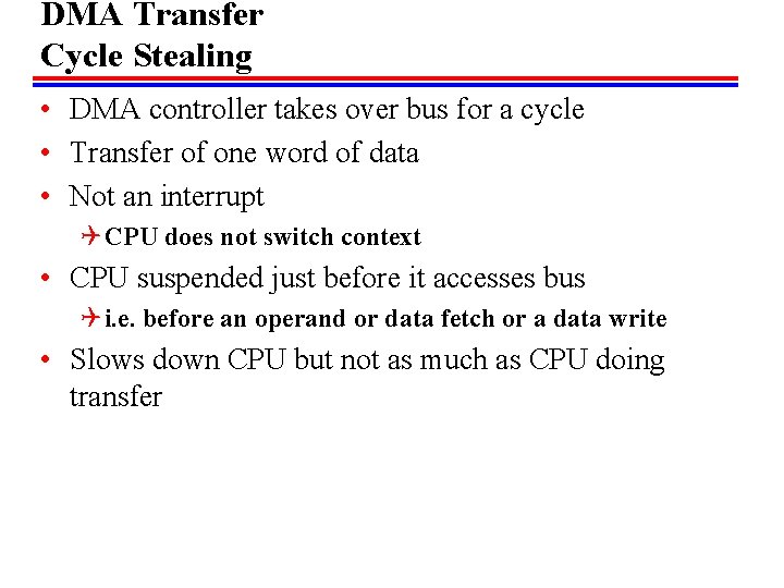 DMA Transfer Cycle Stealing • DMA controller takes over bus for a cycle • DMA Transfer Cycle Stealing • DMA controller takes over bus for a cycle •