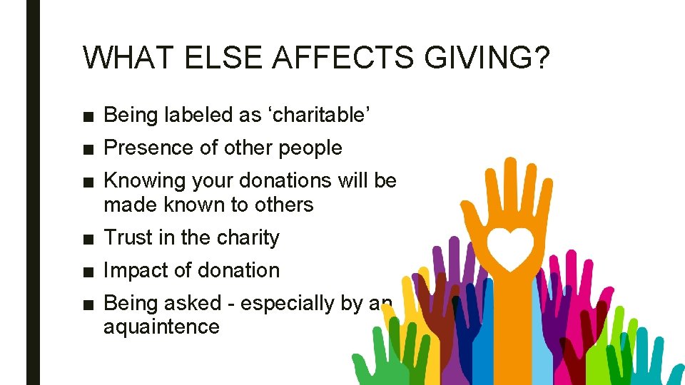 WHAT ELSE AFFECTS GIVING? ■ Being labeled as ‘charitable’ ■ Presence of other people