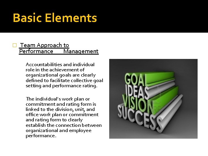 Basic Elements � Team Approach to Performance Management Accountabilities and individual role in the