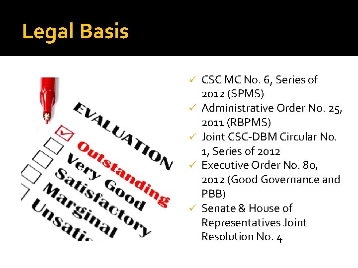 Legal Basis ü ü ü CSC MC No. 6, Series of 2012 (SPMS) Administrative